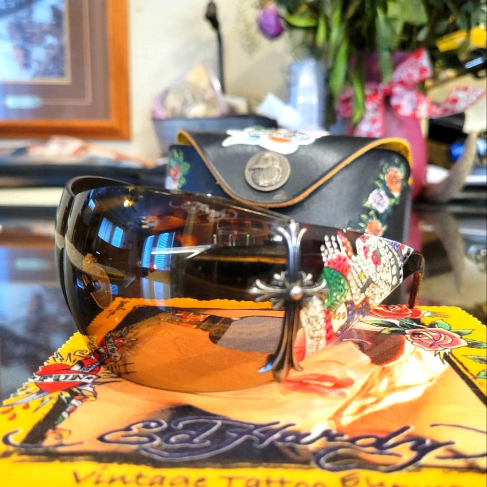 ED Hardy wrap sunglasses with cloth and case!!! Lots of bling!!!